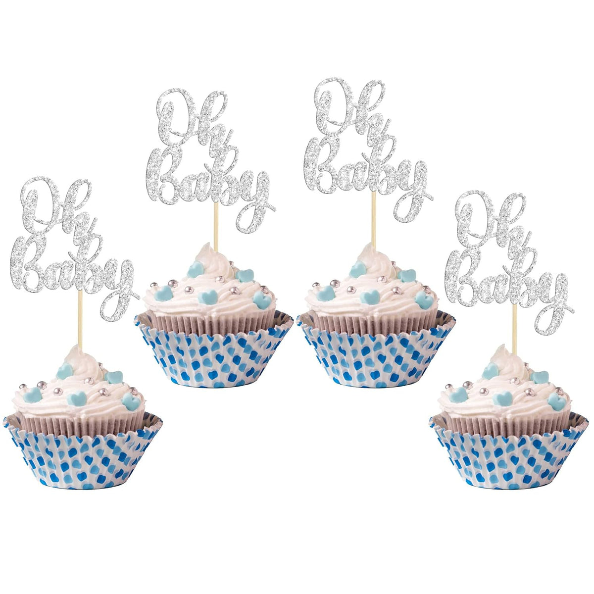 Gyufise 36 Pack Oh Baby Cupcake Toppers Silver Glitter Baby Shower Cupcake Picks Boys Girls