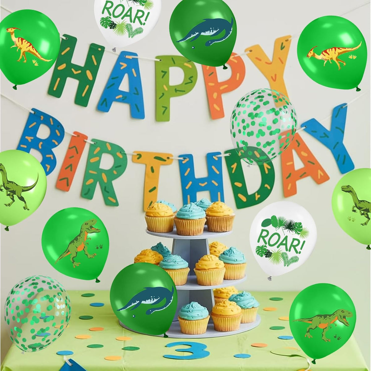 Dinosaur Balloons, 12 Inch Dark Fruit Light Green White Dinosaur Printed Latex Balloons for Boy