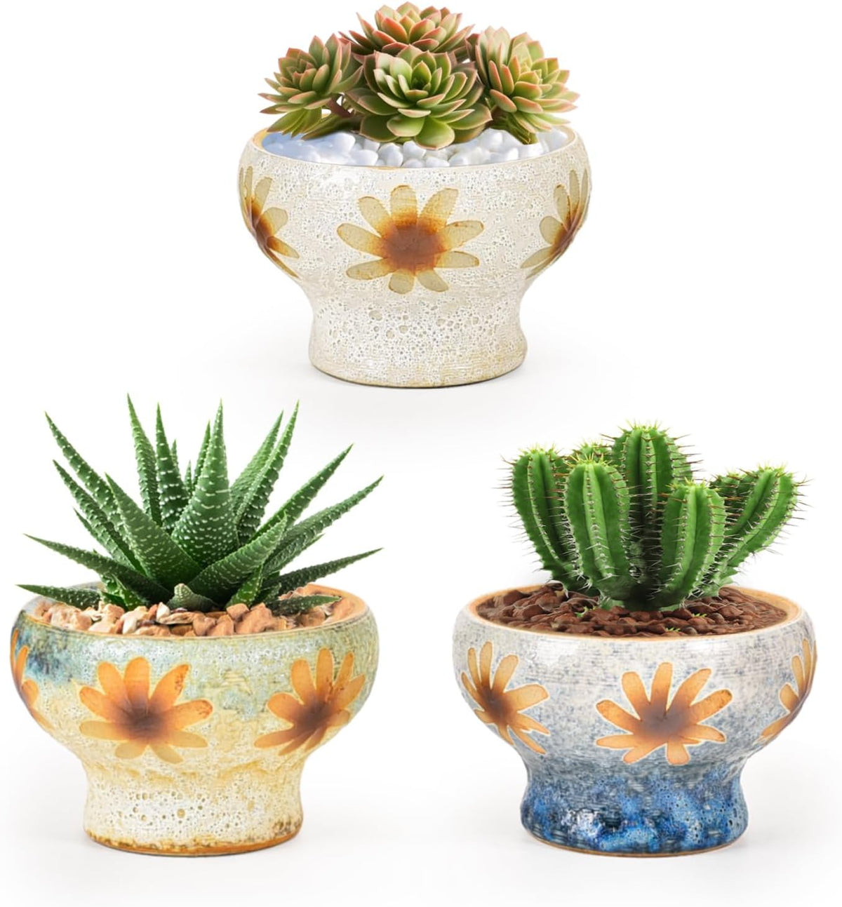 Sungmor Small Succulent Planters Set of 3, Beautiful Hand Crafted Ceramic Plant Pots Cute Cactus
