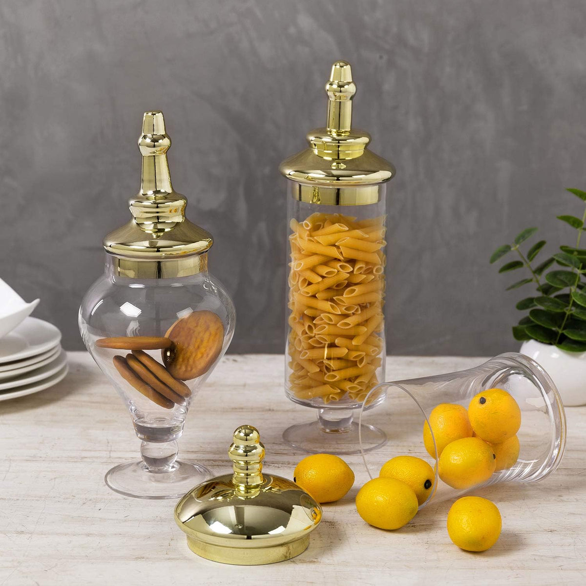 MyGift 3 Piece Set Antique Clear Glass Bathroom Apothecary Jars with Lid, Wedding Centerpiece