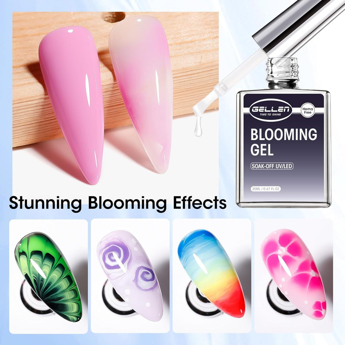GELLEN 20ML Blooming Gel, Hema Free Blooming Gel Nail Polish, Soak off Clear UV LED Blossom Nail