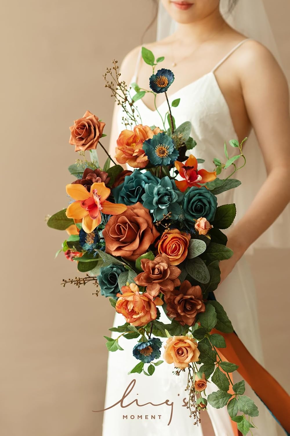 Ling's moment Teal Bridal Bouquet Cascading, Burnt Orange Wedding Bouquets for Bride, 13 Inch