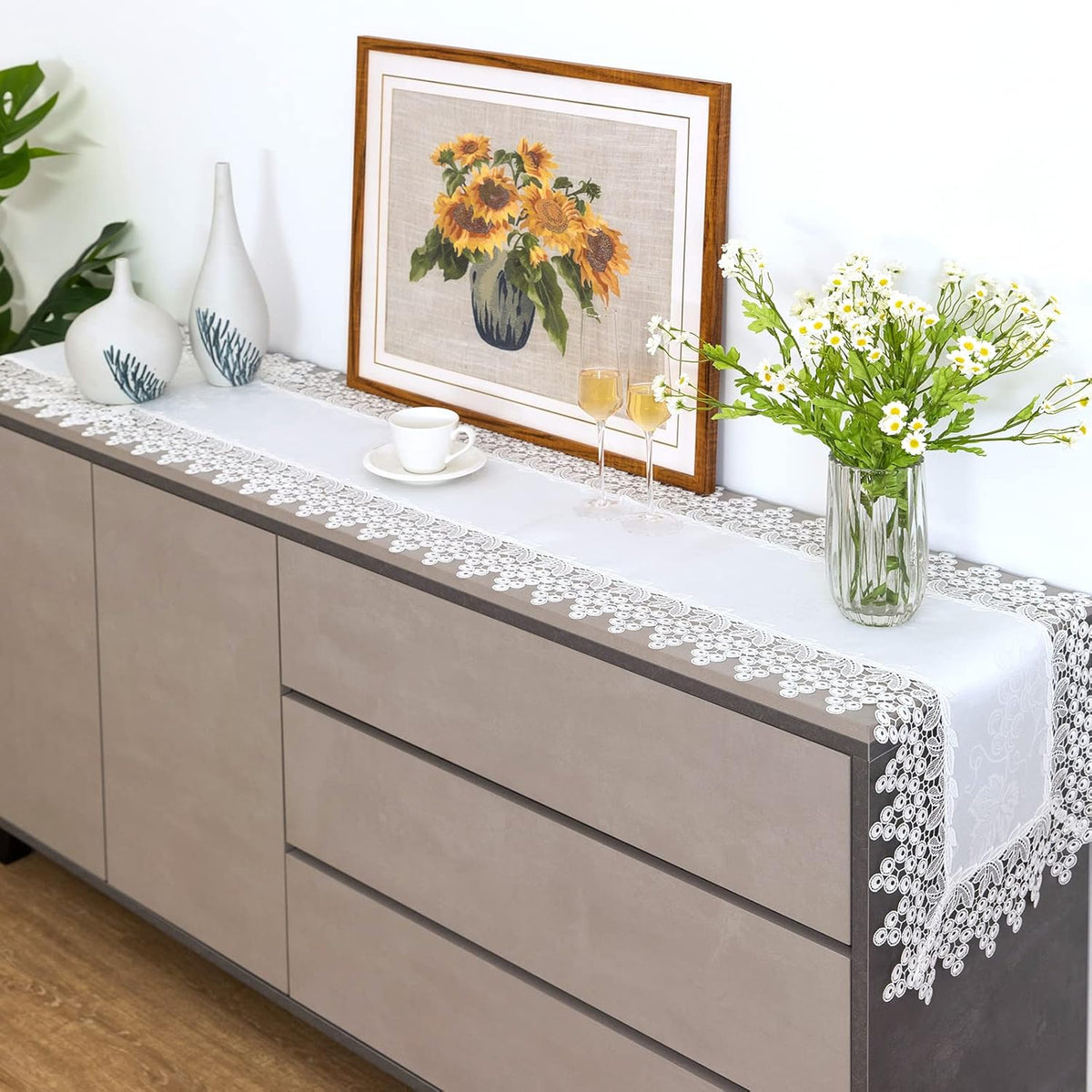 White lace Premium Rectangle Farmhouse Table Runner Waterproof OilProof SpillProof AntiShrink Soft