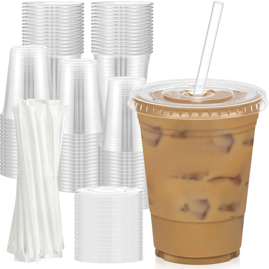 Dealusy 100 Pack - 16 oz Clear Plastic Cups with Lids and Straws