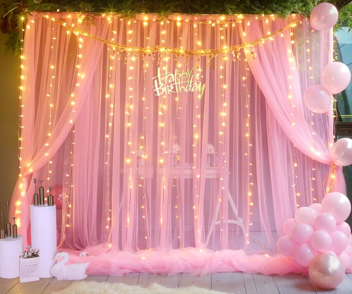 Pink Tulle Backdrop Curtains with Lights String for Parites 10ft×8ft Wrinkle Free Pink Sheer