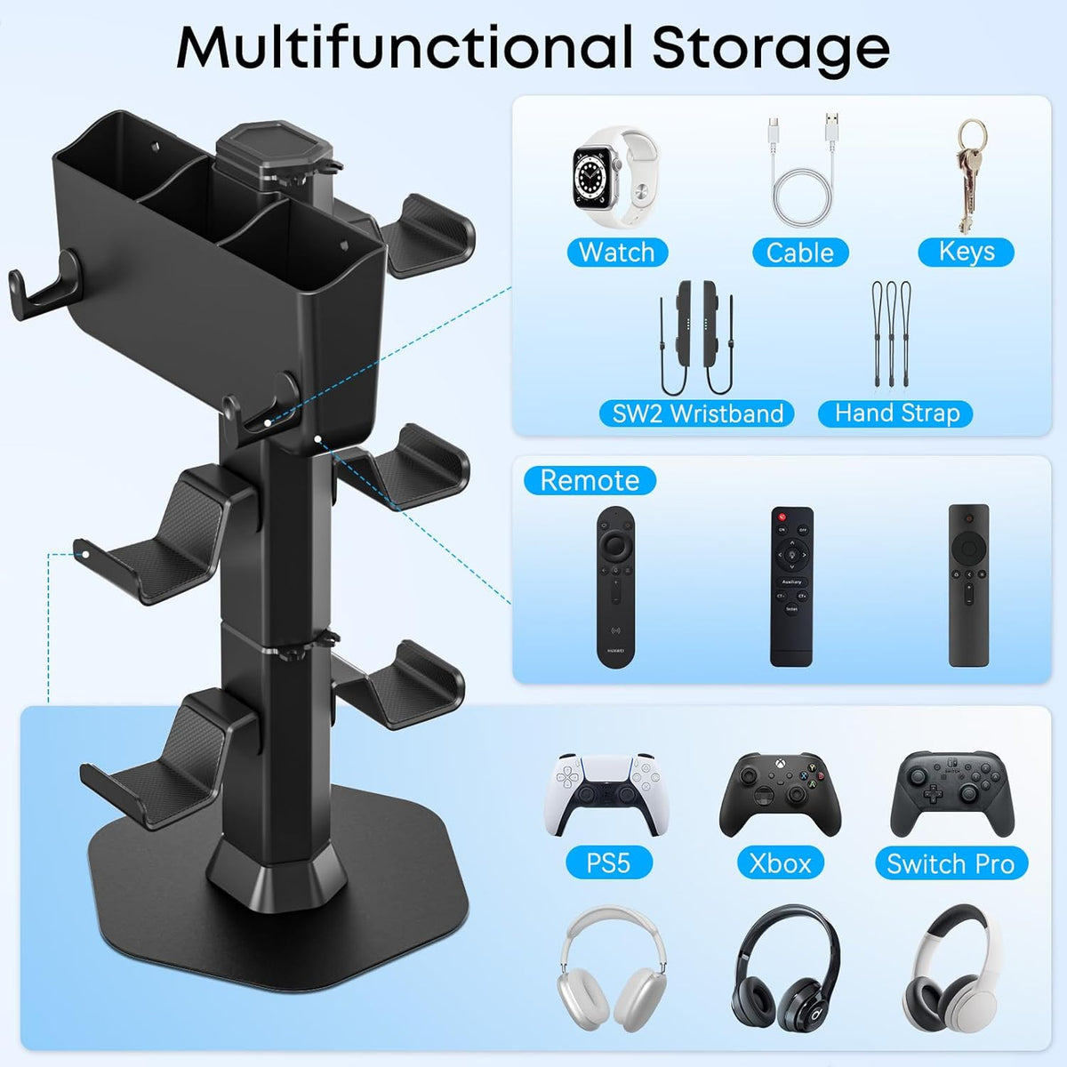 Controller Holder with Remote Control Storage Box, Headset and Controller Stand for Desk, Headphone