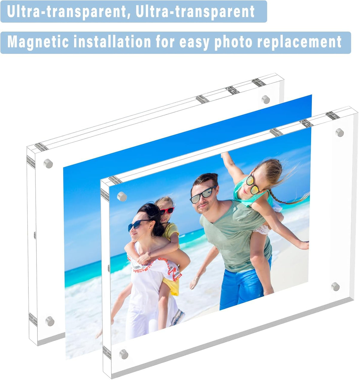 HELPLEX 5 Pack 6x8 Acrylic Picture Frames, 20mm Thicker Frameless Clear Double Sided Magnetic
