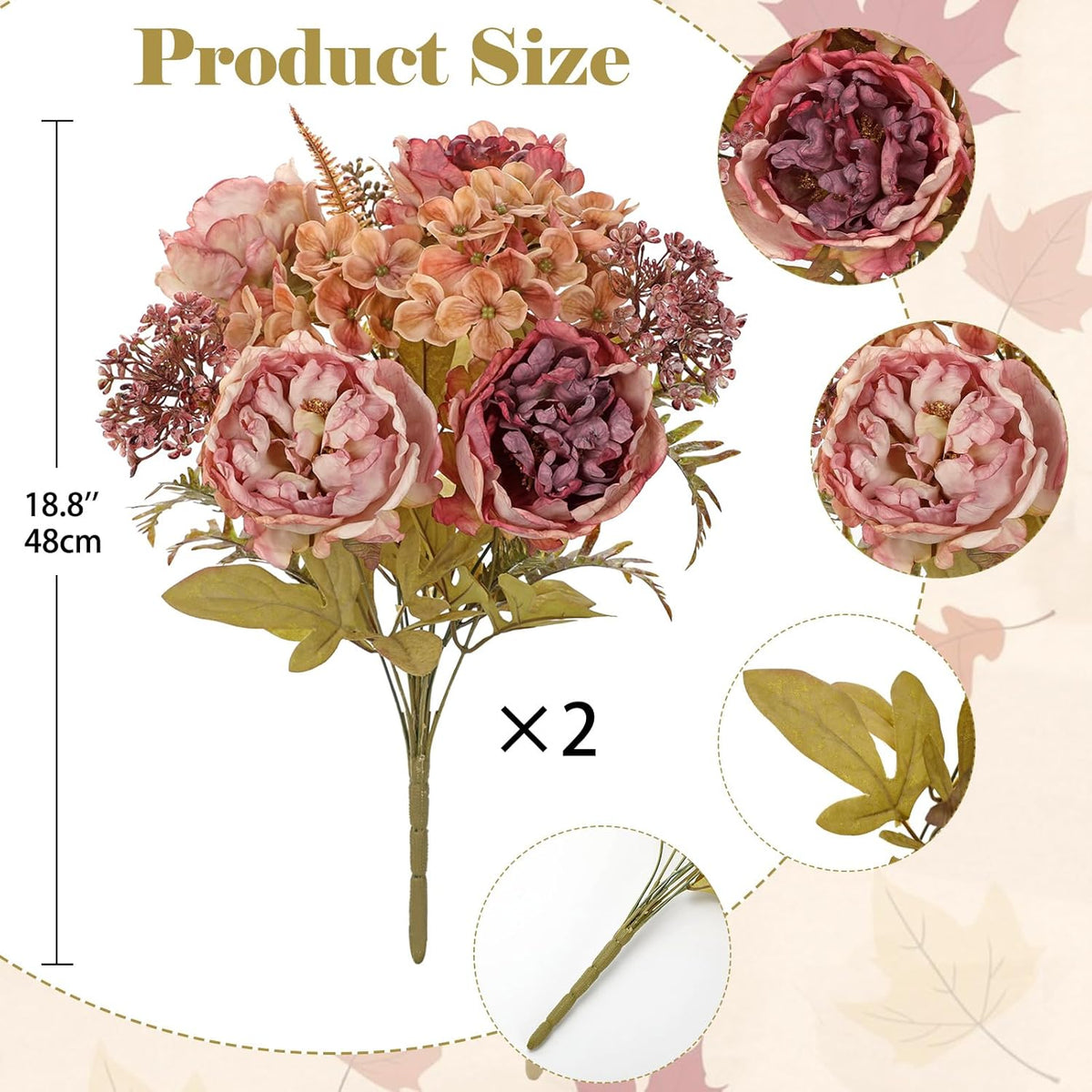Hollyone 2Pcs Artificial Fall Flowers Bouquet 18.8" Pink Dried Peony Hydrangea Fake Fall Floral