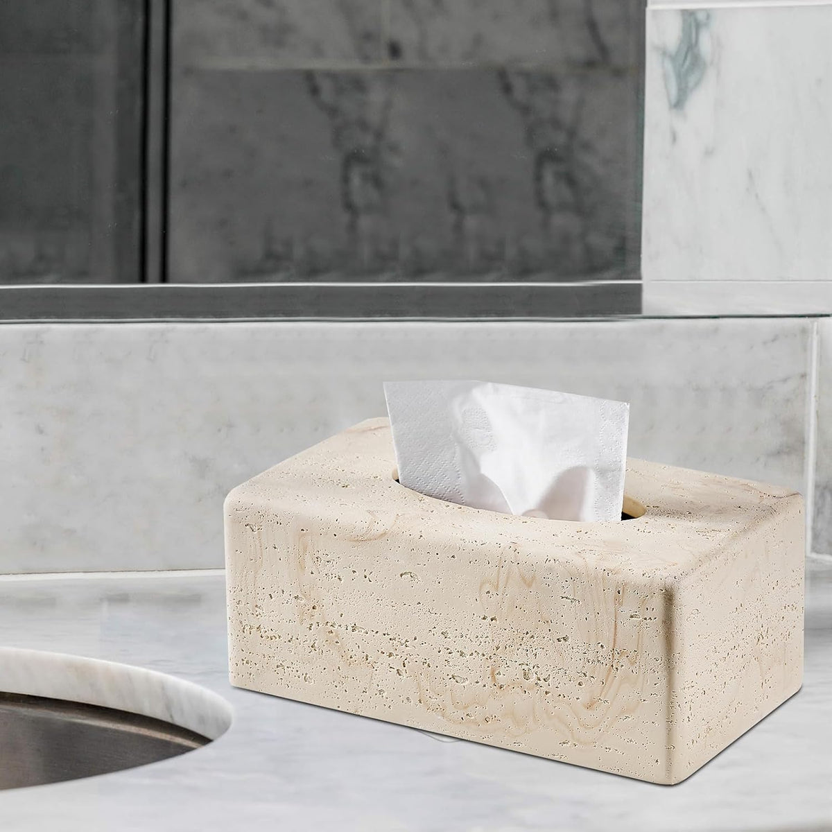 Natural Travertine Textures Tissue Box Cover Rectangular for Home Decor,Resin Heavy Tissue Box