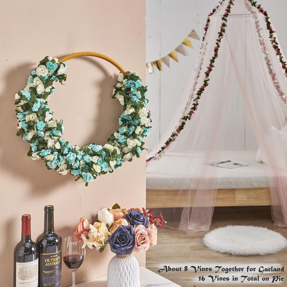 8 Pcs x 8.2 ft Flower Garland Artificial Rose Vine Flowers with Green Leaves Hanging Fake Roses