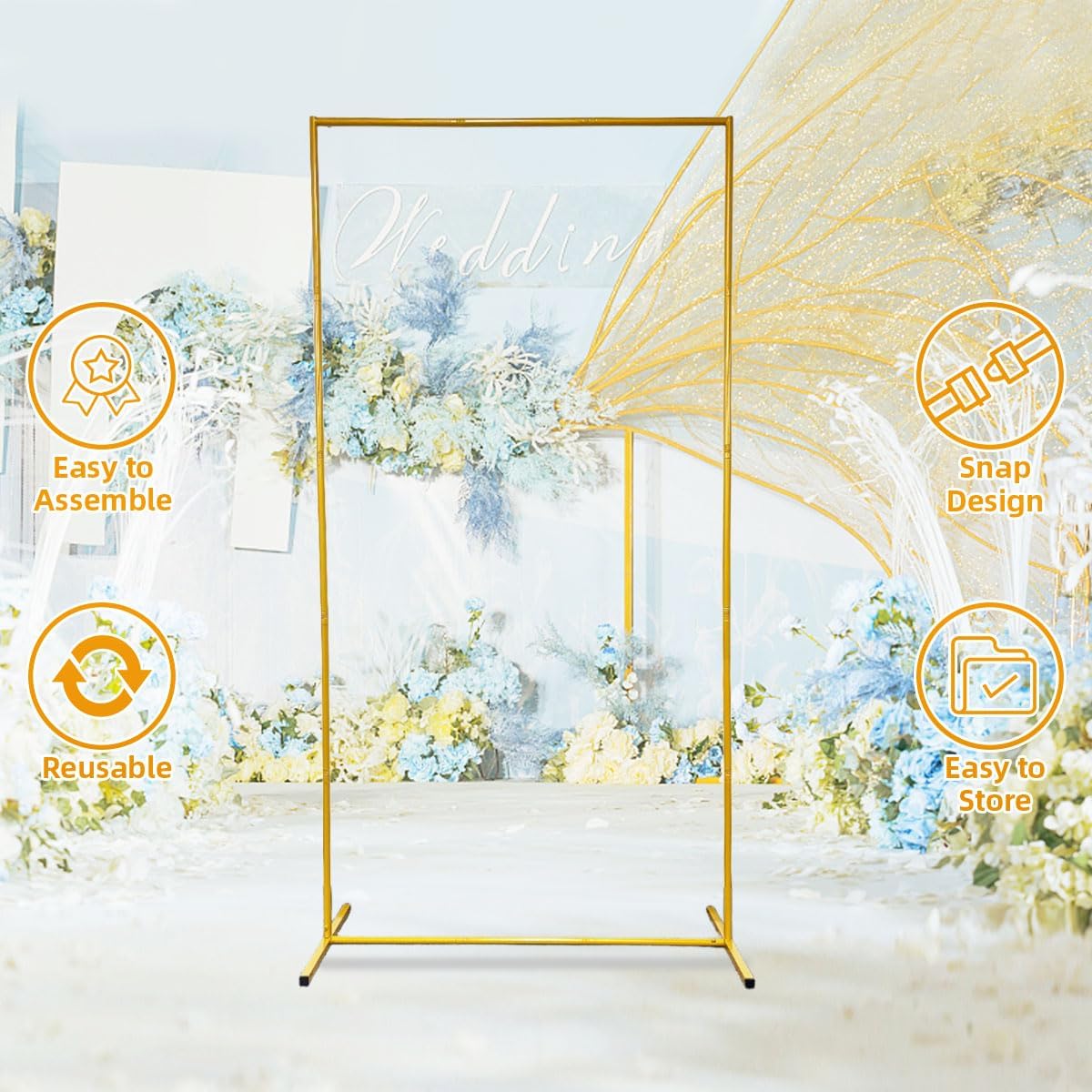 Wedding Square Balloon Arch Stand, Gold Backdrop Stand 6.6 x 3.3 FT Metal Party Frame for Wedding