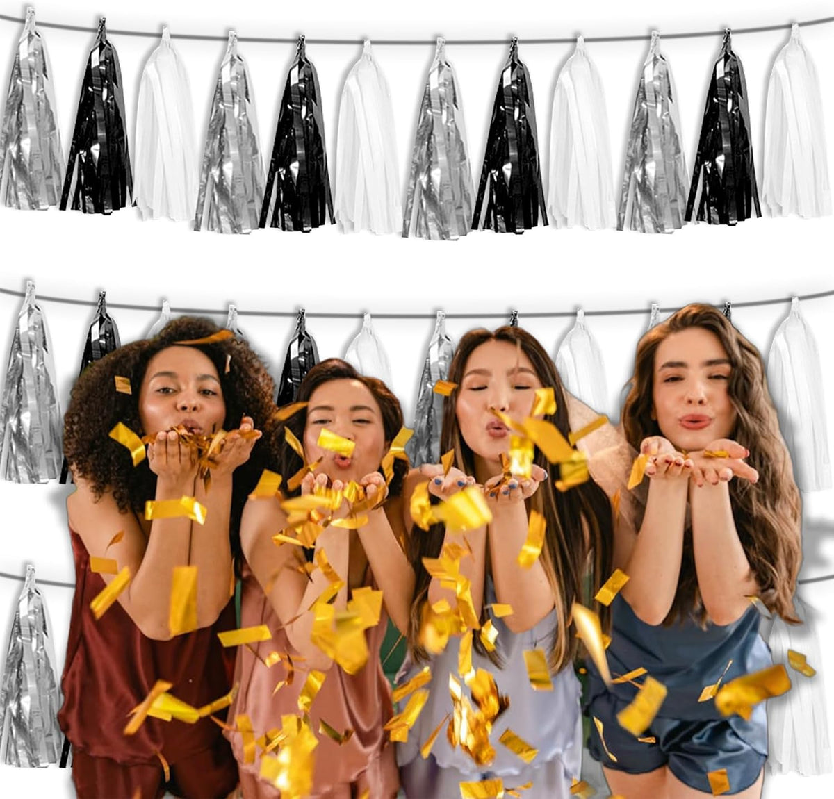 3P Black Silver White Metallic Fringe Tassel Banner Garland Foil Tinsel Streamer Wall Hanging