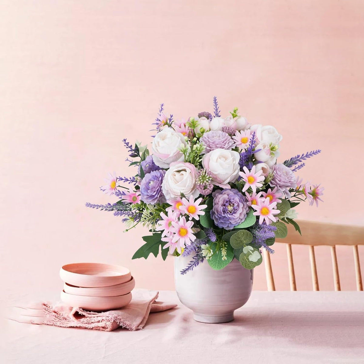 Fake Flowers Purple Artificial Silk Flower Bouquet Faux Flowers for Vase with Rose Peony Daisy for
