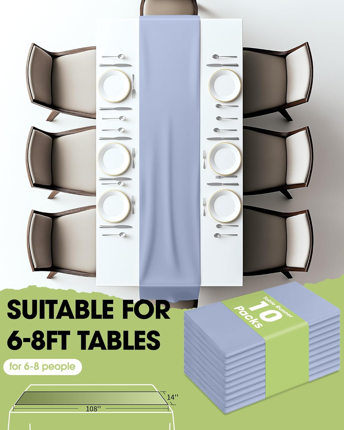 Pureegg Dusty Blue Plastic Table Runners - 10 Pack, 14'' x 108'', Water Resistant & Disposable