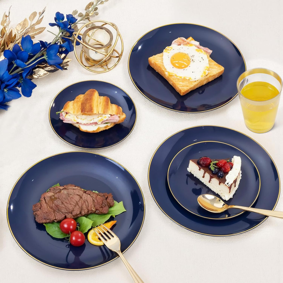 KIRE 350Pcs Blue and Gold Plates -Heavy Duty Navy Blue Dinnerware Set - 100 Plastic Plates 50 Pre