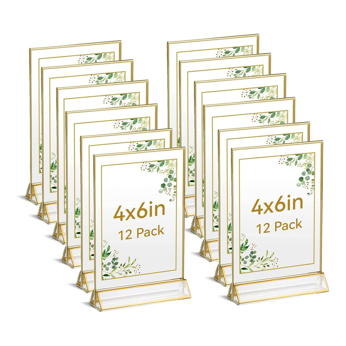 UNIQOOO Acrylic Sign Holders with Golden Border, Portrait View, Pack of 12 | 4x6 Inches Double