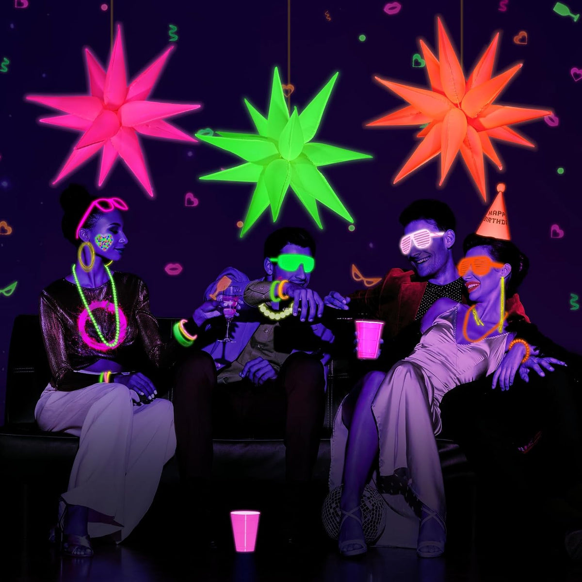 Mega-L Glow Glow in The Dark Party Supplies, 5 Pcs Neon Star Balloons Kit – Neon Foil Explosion &