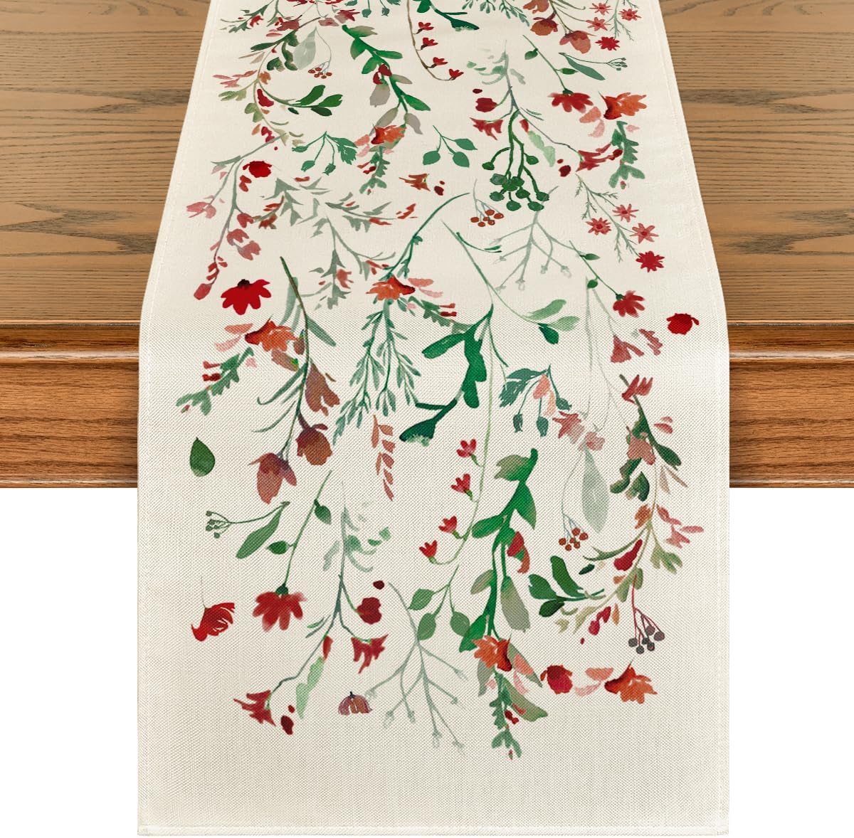 Artoid Mode Floral Leaves Christmas Table Runner, Wild Flowers and Grasses Winter Kitchen Dining