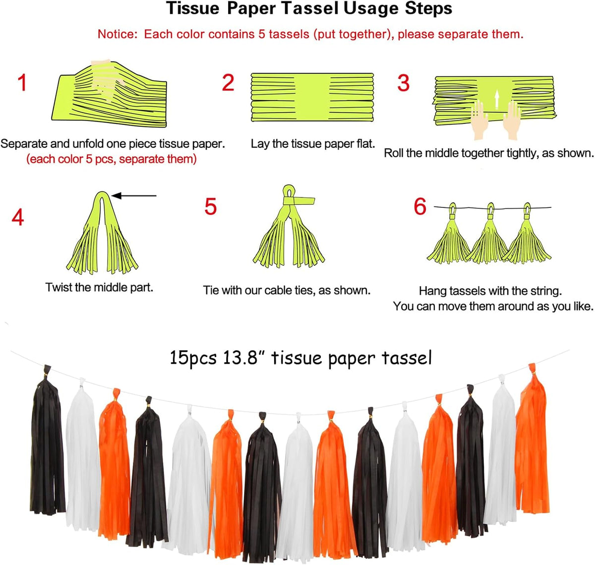 Black-White Orange Halloween Party-Decorations Tassel-Garland - 15pcs Graduation 2025 Supplies