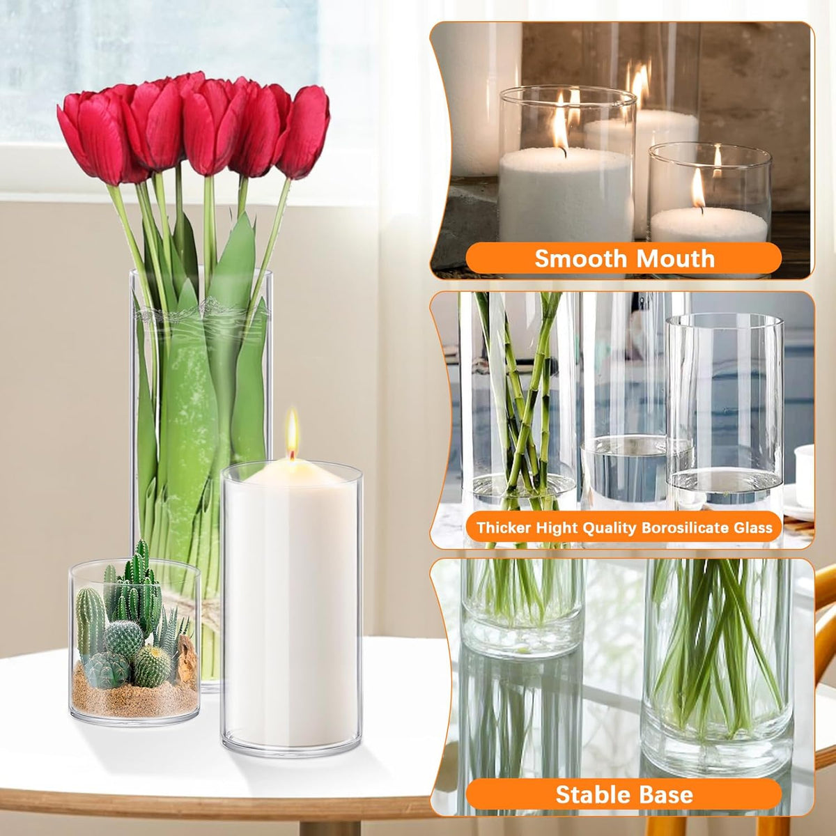 48 Pack Glass Cylinder Vases 4,6,8,10 Inch Tall Clear Flower Vase Hurricane Floating Candle Holder