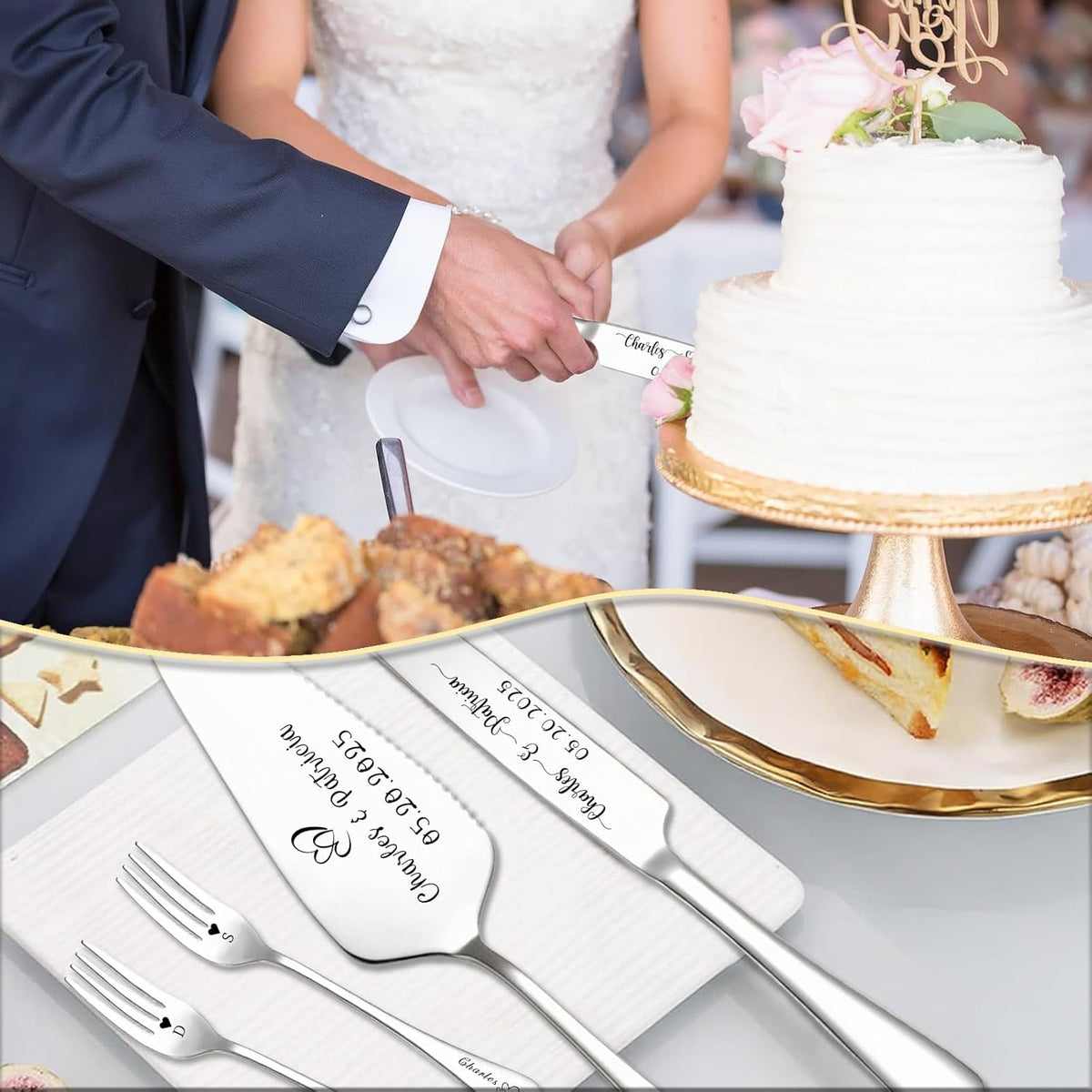 Custom Wedding Cake Knife and Server Set Personalized Cake Cutter with Engraved Text Bridal Cake