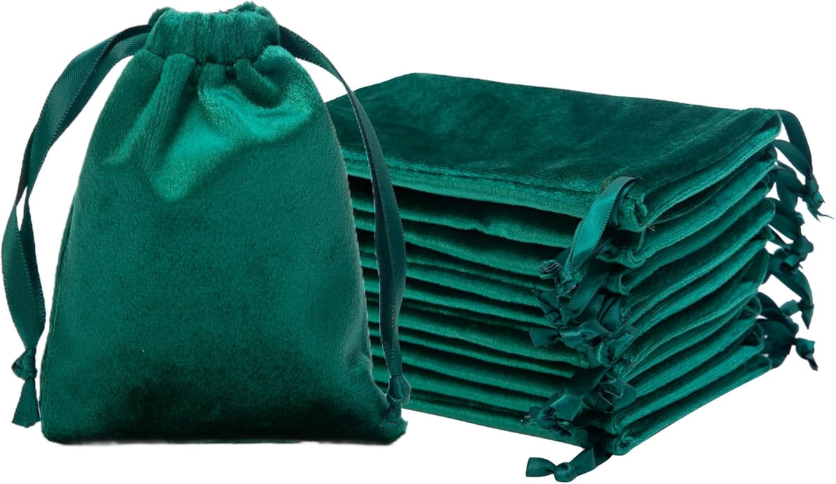 QIANF 12pcs Hunter Green Velvet Drawstring Bags 3x4 inches Mini Velvet Cloth Gift Bags Jewelry