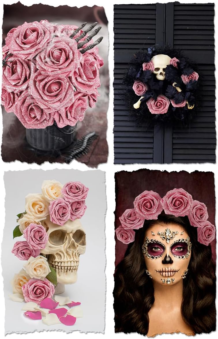 N&T NIETING Artificial Flowers Glowing Dark Pink Flowers Foam 25pcs Glitter Roses Real Looking Fake