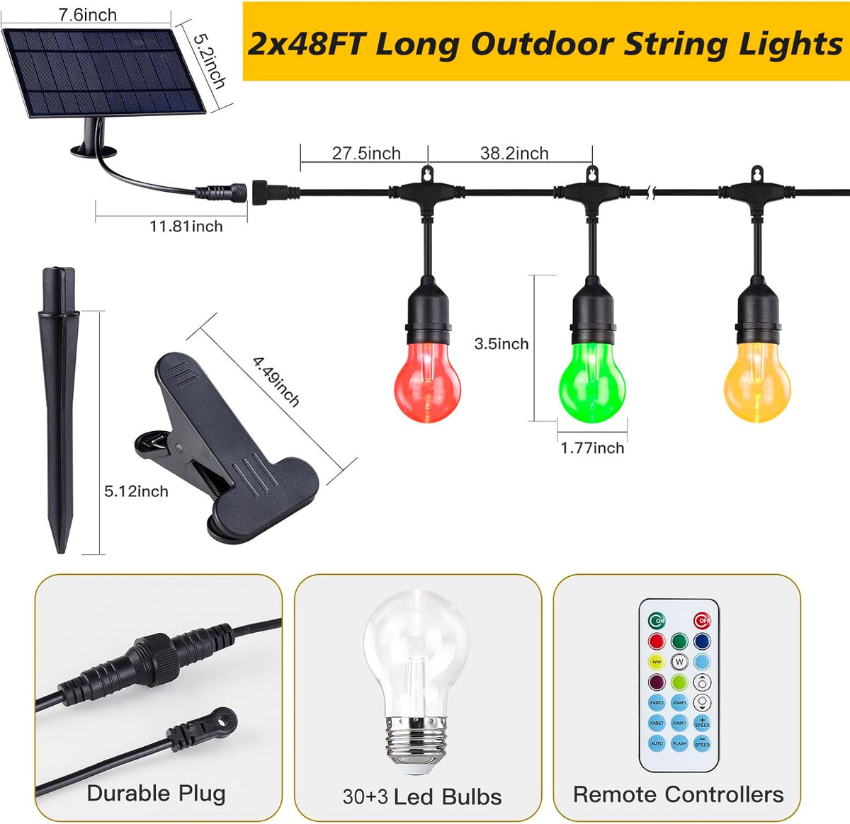 96FT Solar Outdoor String Lights with Remote, 30 Shatterproof Edison Bulbs, Dimmable Color Changing