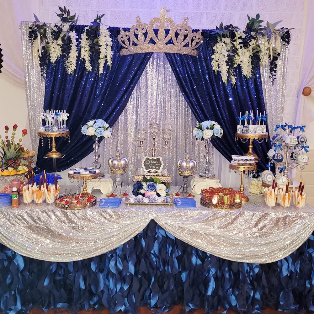 Poise3EHome 2ft x 8ft Blue Sequin Photography Backdrop Curtains 2 Panels for Party Decoration, Navy