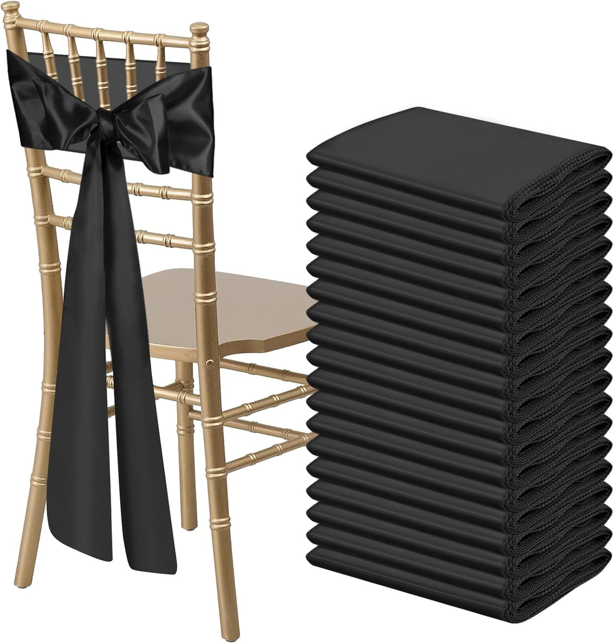 50 PCS Black Satin Chair Sashes Bows Universal Chair Ribbon Ties Back Sash for Wedding Party
