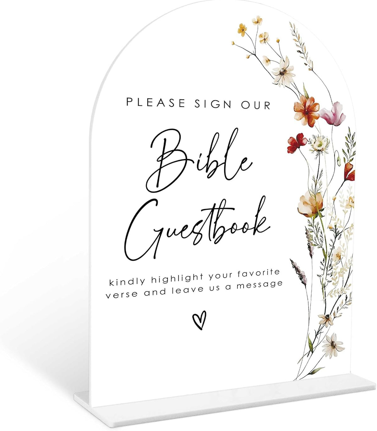 Boho Floral Bible Guest Book Sign, 6 x 8 Inch White Arch Acrylic Wedding Sign with Holder, Wedding