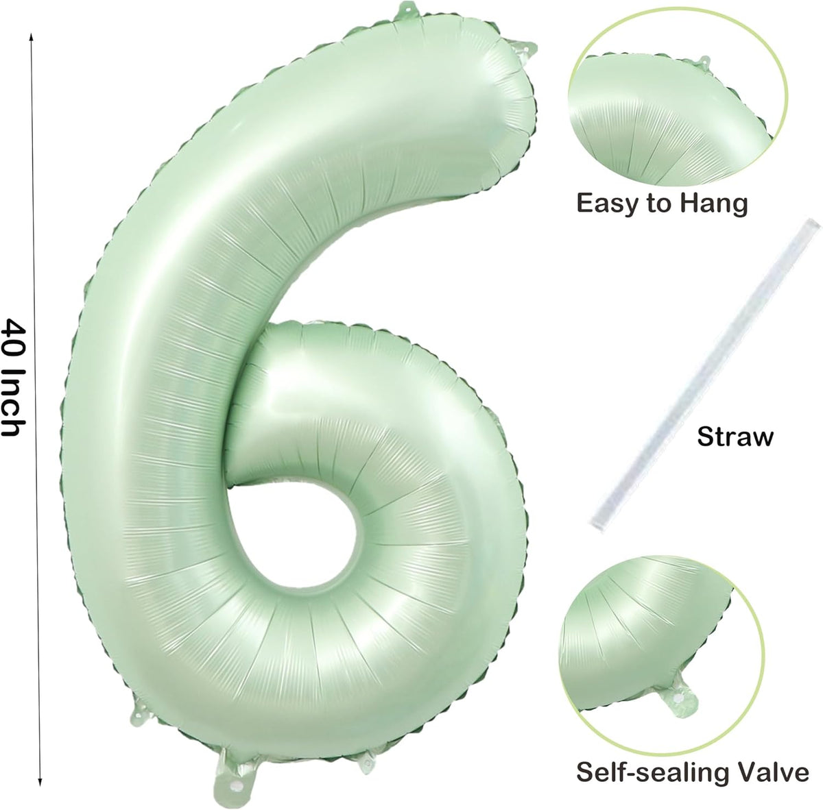 Number 6 Balloons, 40’’ Large Olive Green Number 6 Foil Helium Balloons for Girls Women, Self