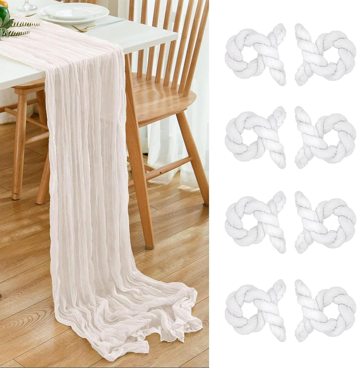 8 Pack 10Ft Cheesecloth Table Runner 35x120 inch White Boho Gauze Long Table Cloth Wrinkled Sheer