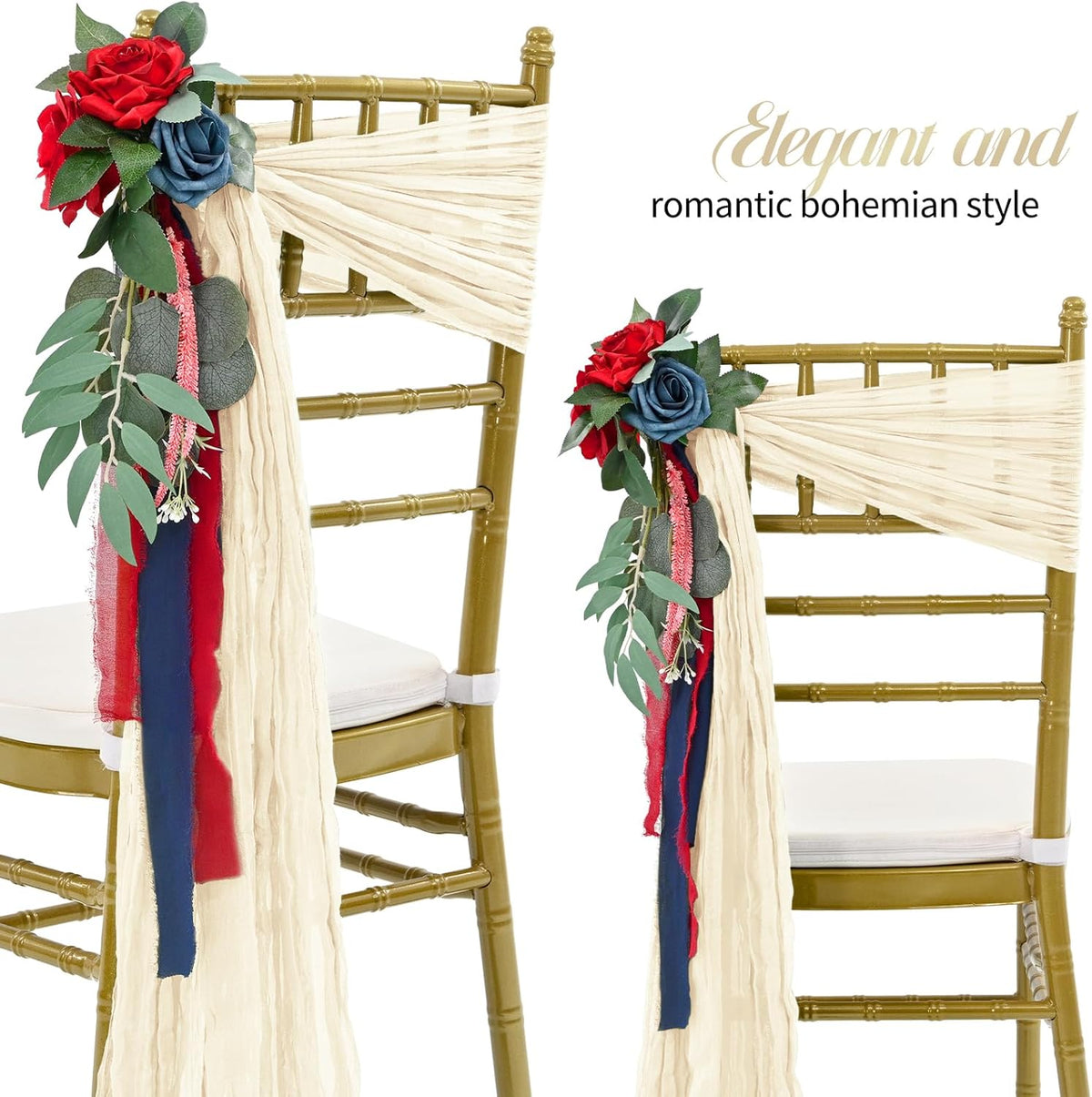 50 PCS Cheesecloth Chair Sashes Bows Wedding Aisle Decorations Chair Ribbon Ties Back Sash for
