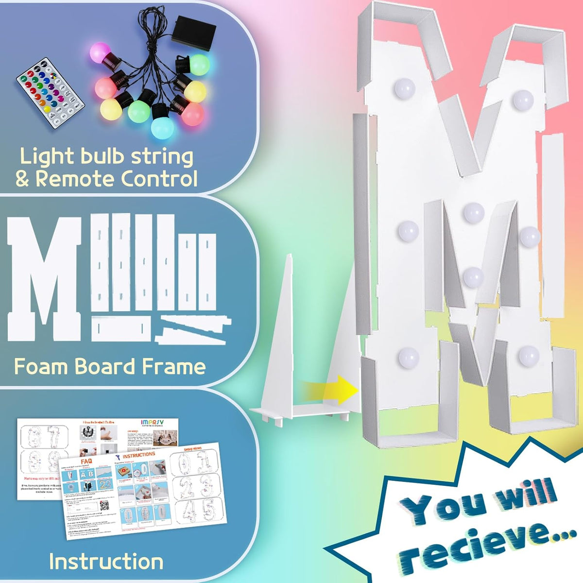 imprsv 3FT Colorful Marquee Light Up Letters M, 18 Colors Large Light up Letters Alphabet Sign with
