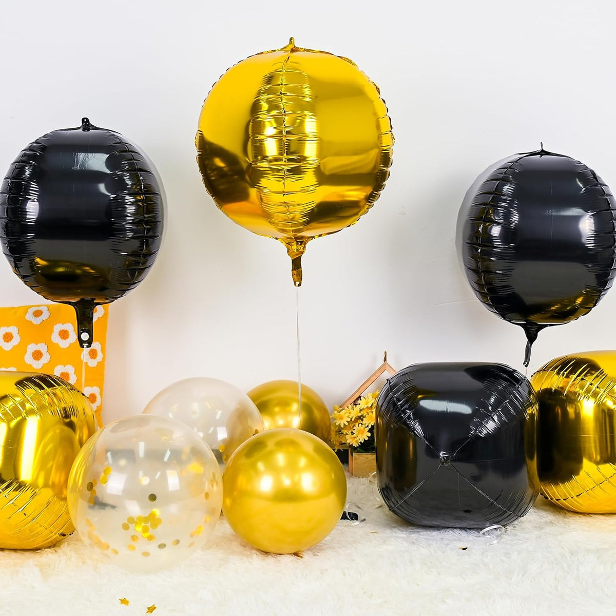 6Pcs Black Gold Round Foil Balloons,Giant 4D Round Ball Balloons,22 Inch Metallic Black Gold