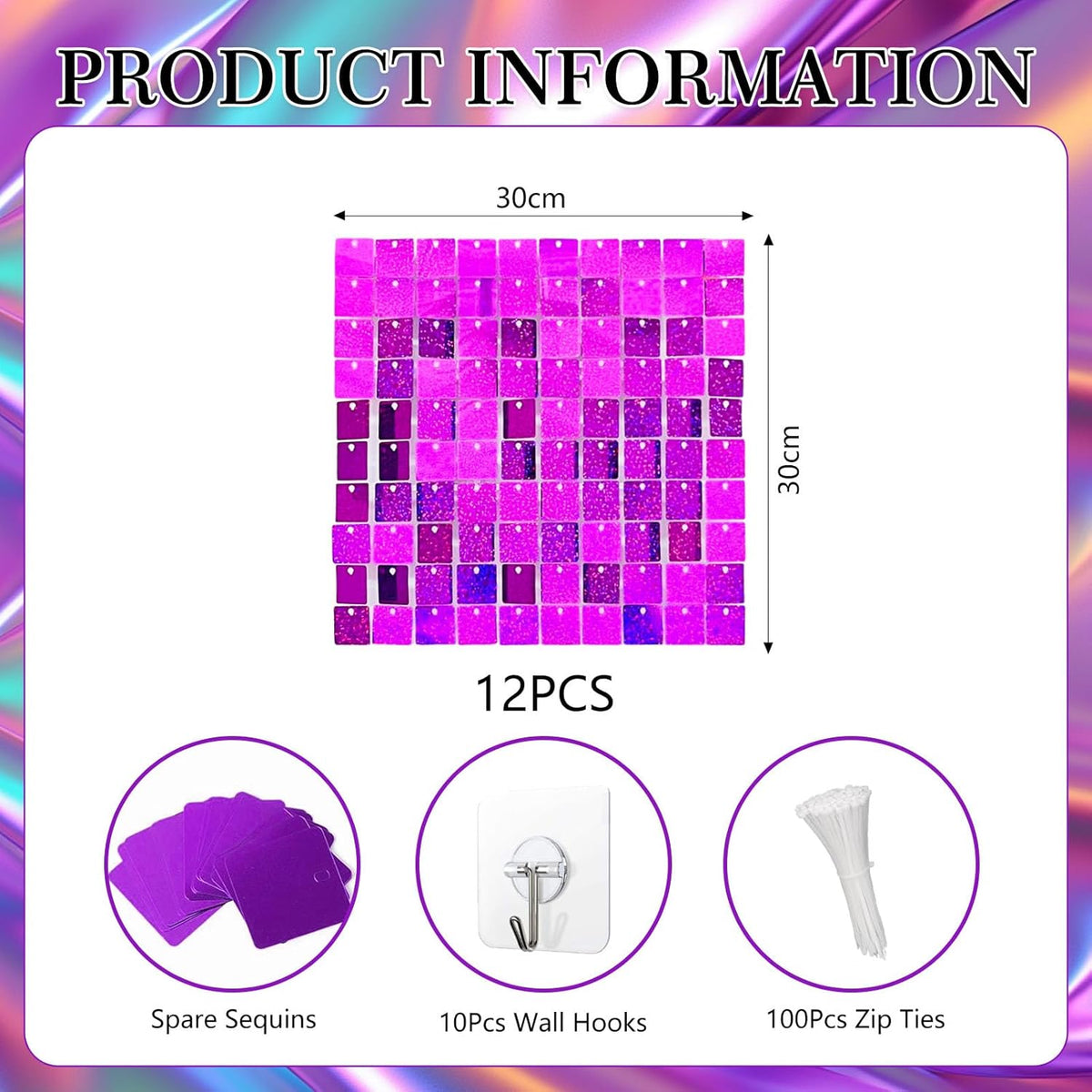 12PCS Purple Shimmer Wall Backdrop, Laser Square Sequin Photo Backdrops Panel, Glitter Wall