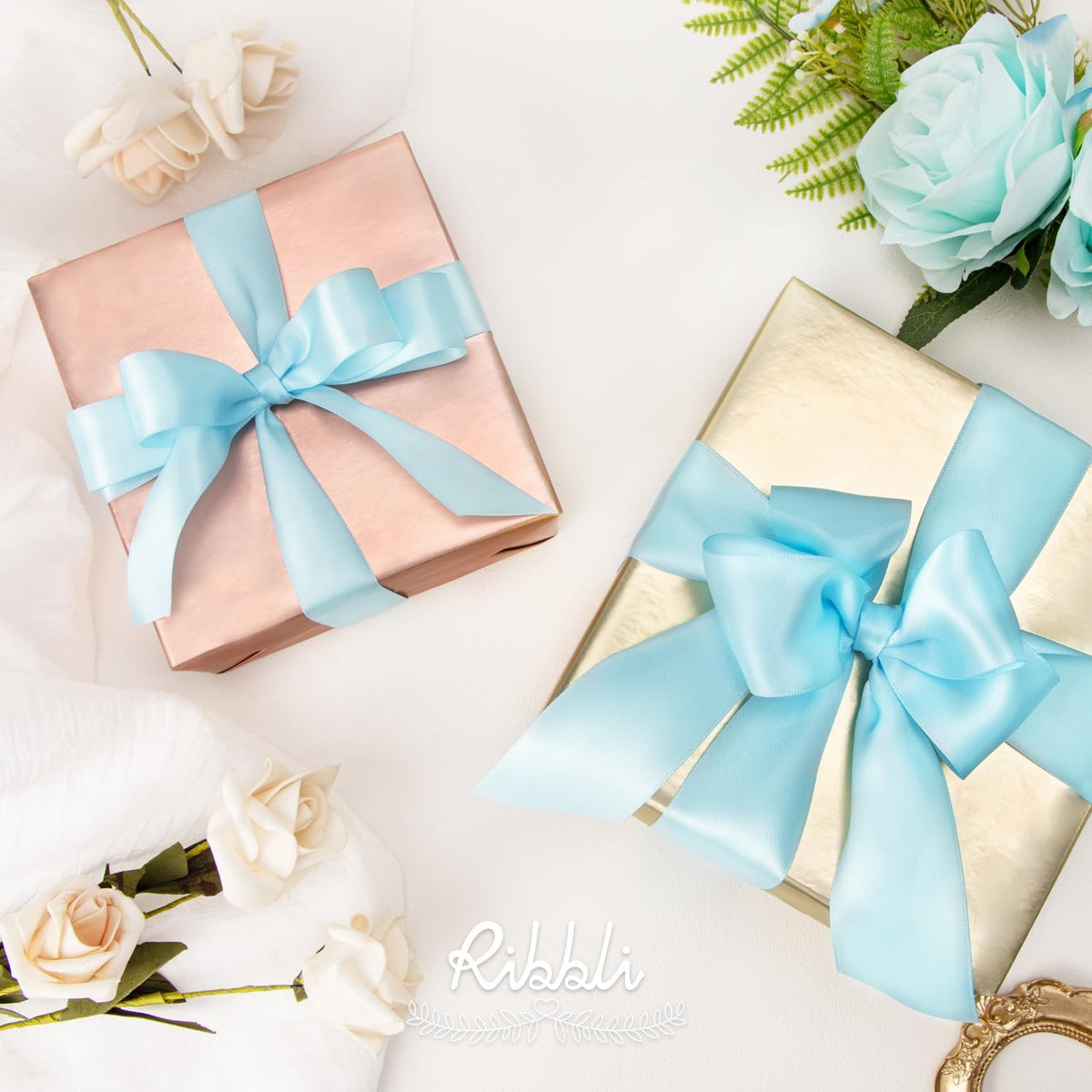 Ribbli Light Blue Double Faced Satin Ribbon,1” x Continuous 25 Yards,Use for Bows Bouquet,Gift