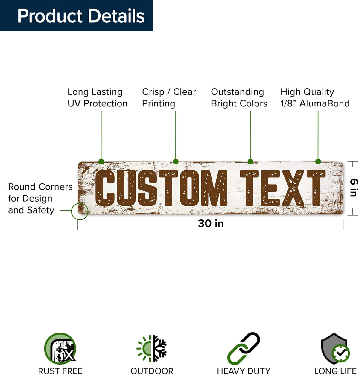 Custom Sign, Custom Street Sign, 11 Font Colors, 13 Font Styles, 4 Hole Options, 22 Sizes, 6x30
