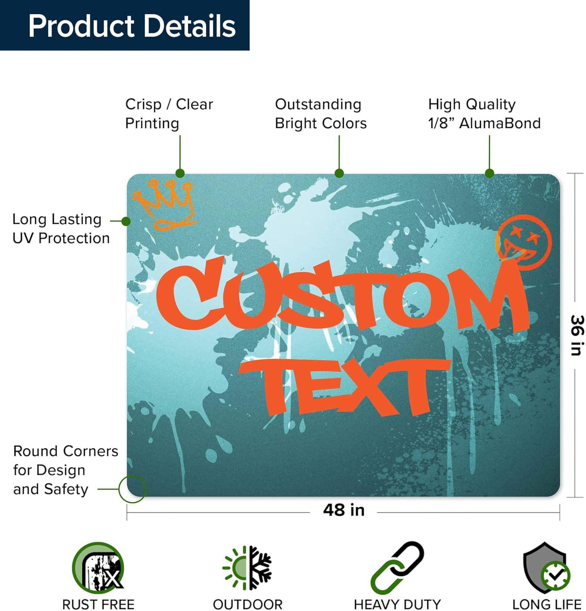 Custom Sign, Custom Street Sign, 11 Font Colors, 13 Font Styles, 4 Hole Options, 22 Sizes, 36x48