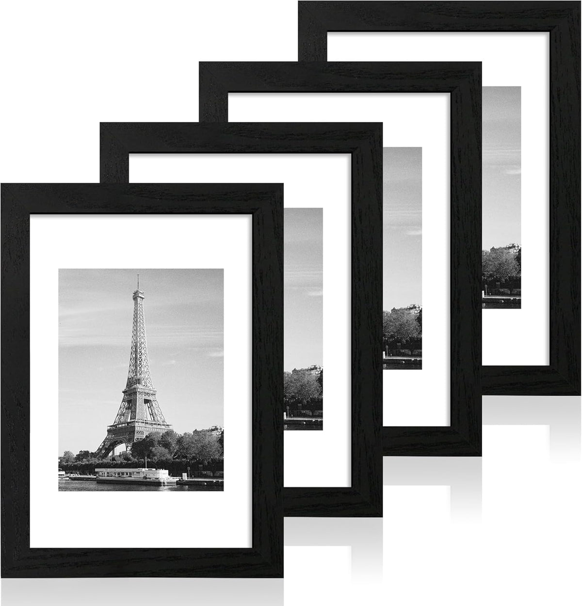 8x12 Picture Frame Set of 4 with HD Glass, Black Frame Display 6x8 Picture with Mat or 8 x 12