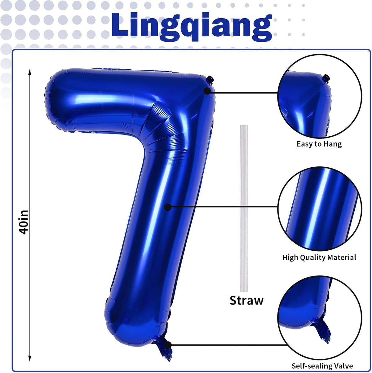 40'' Navy Blue Number 7 Balloon, Self Inflating Foil Number Balloons Set 0-9, Dark Blue Digital 7
