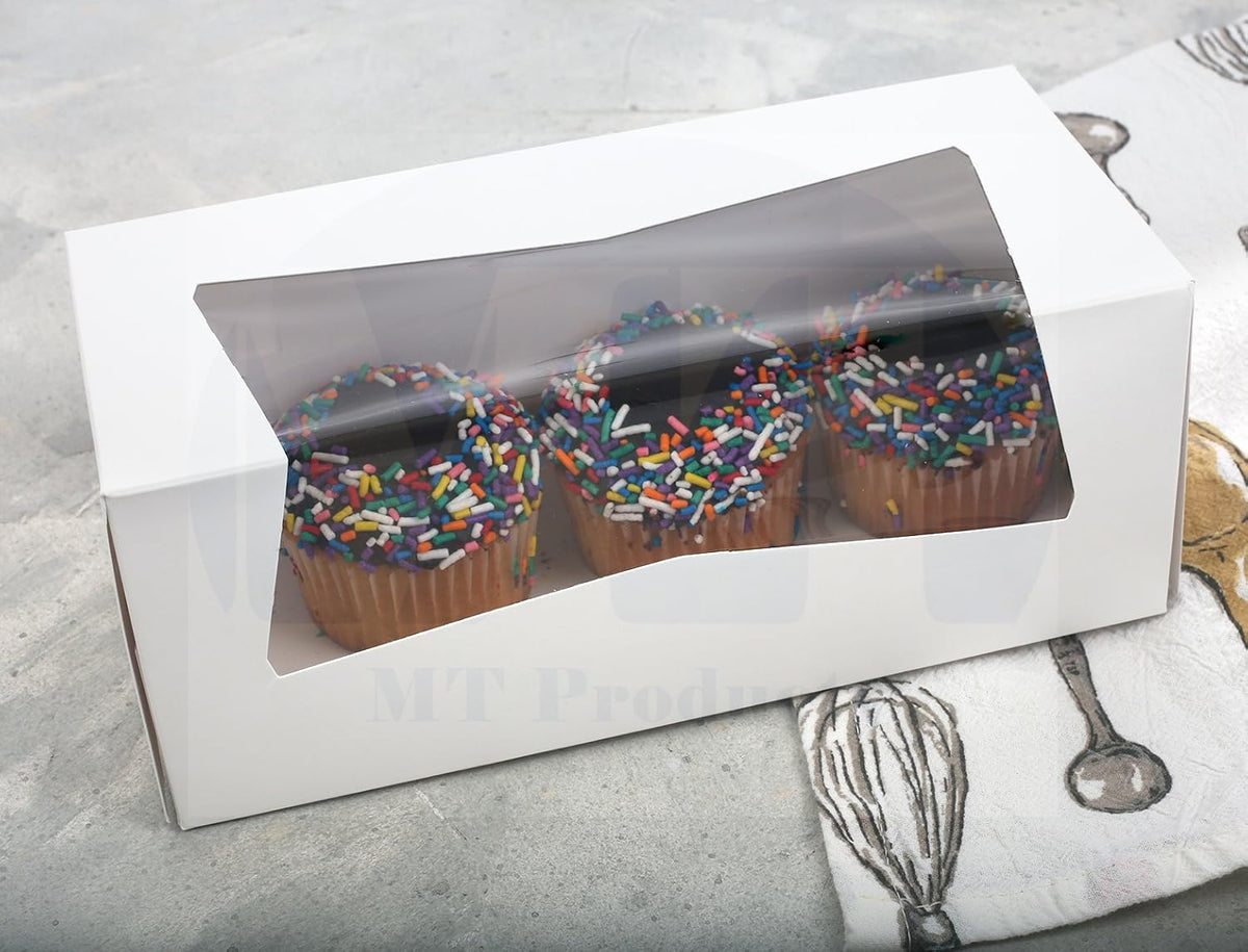 MT Products White Cupcake Boxes 9" x 4" x 3.5" - Auto Pop-Up Bakery Boxes with Window (Pack of 200)