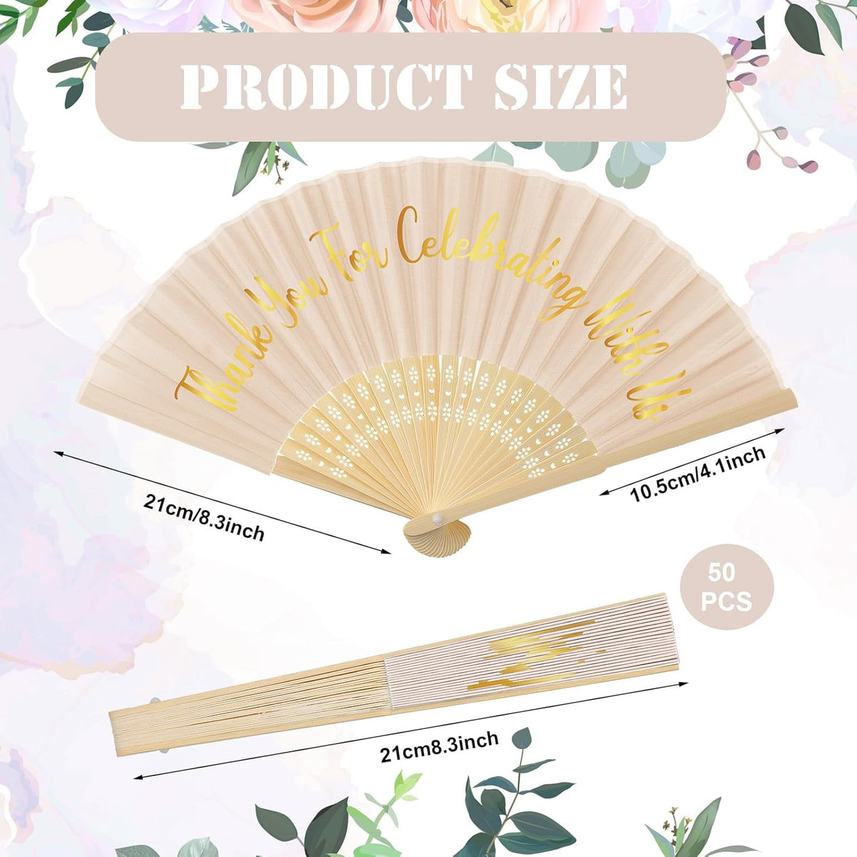 Jetec 50 Pcs Wedding Fans for Guests Bulk Silk Hand Fans Handheld Folded Thank You for Celebrating