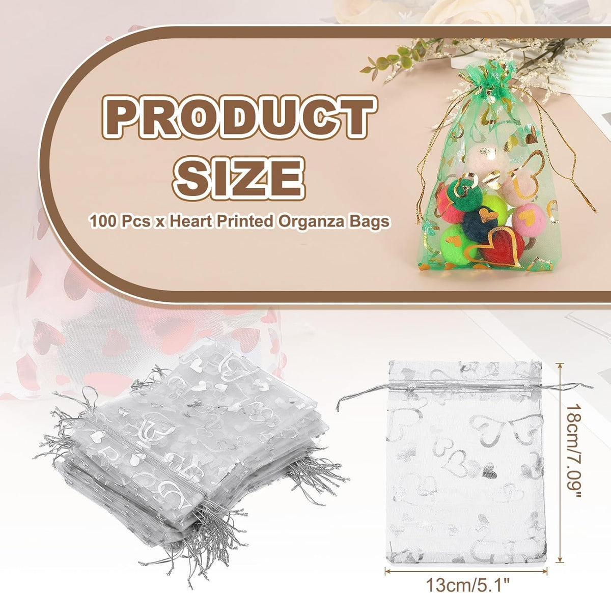 PATIKIL 100 Pcs 5x7 Inch Heart Printed Organza Bags, Silver Sheer Heart Organza Bags with