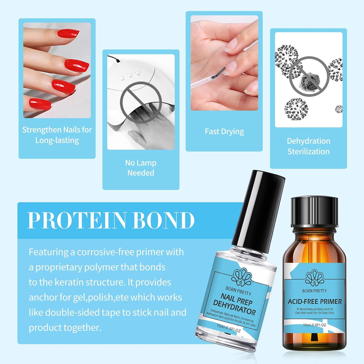 Born Pretty Nail Dehydrator and Primer, Nail Prep Dehydrator Acid Free Nail primer, Cuticle Oil for