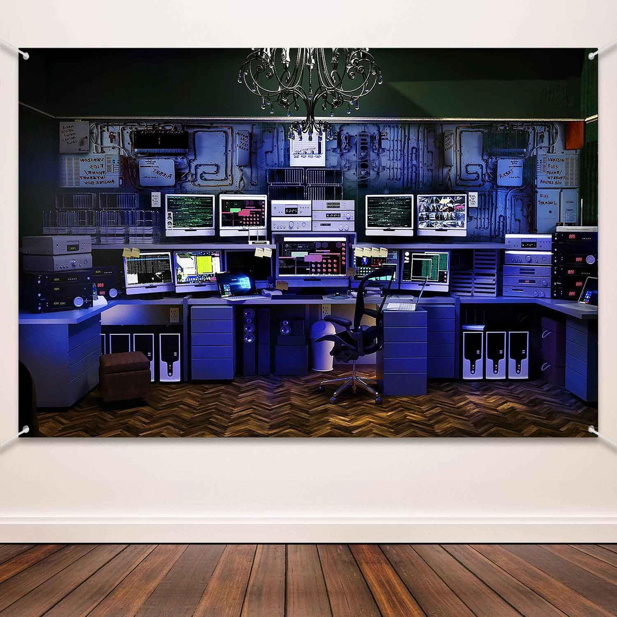 Computer Room Backdrop Neon Blue Hacker Station Backdrop Glowing Matrix Data Streams Background