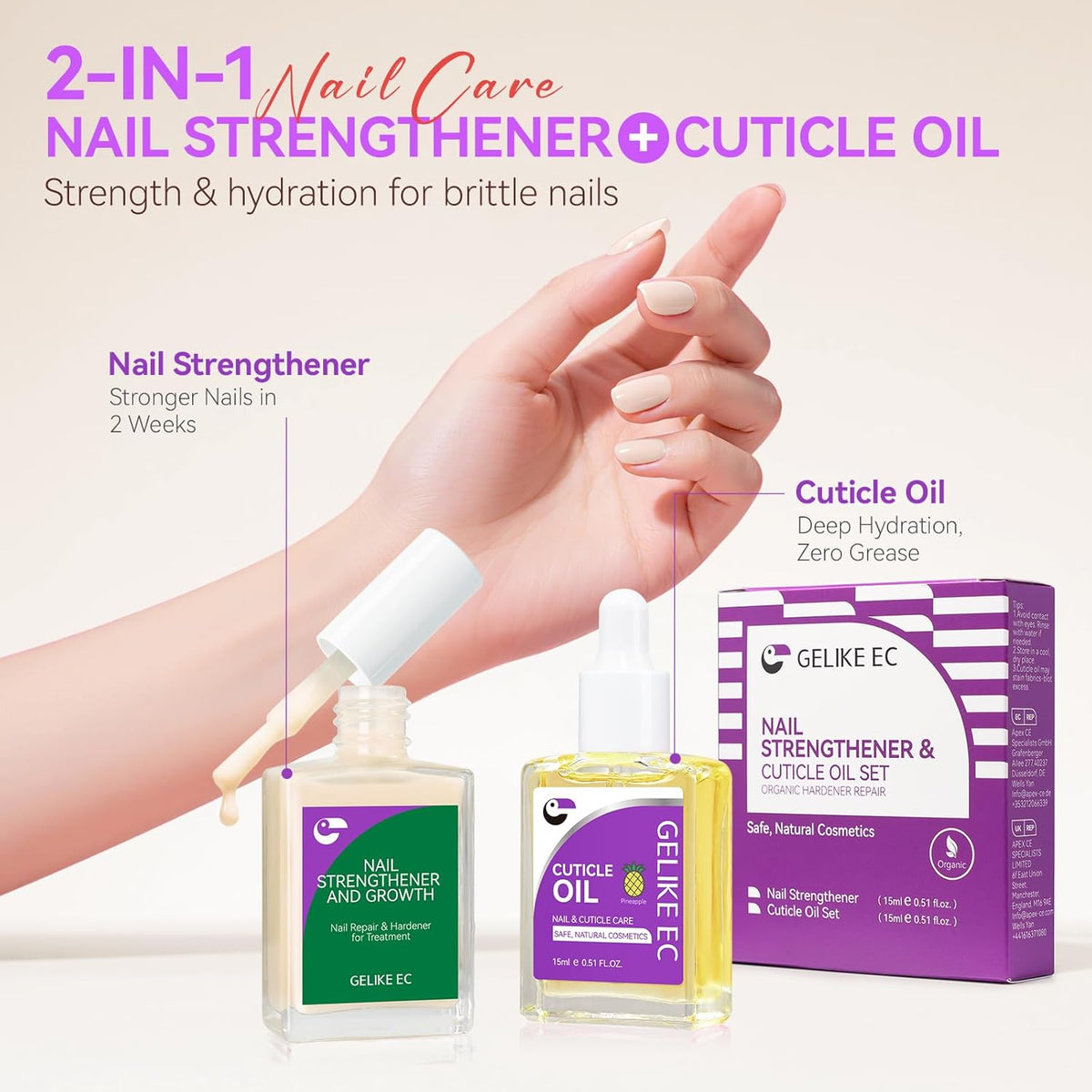 Gelike EC 2-in-1 Nail Rescue Kit: Apricot Nail Ridge Filler & Pineapple Cuticle Oil (15ml)