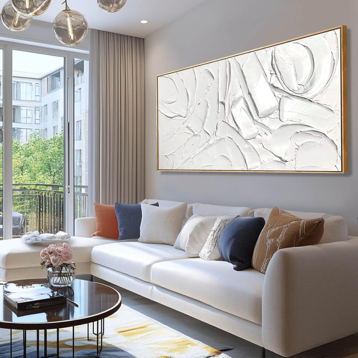 XIANSHOU White Artwork for Walls Contemporary Abstract Art Hand Painted 29"x58" Line Art Wall Decor
