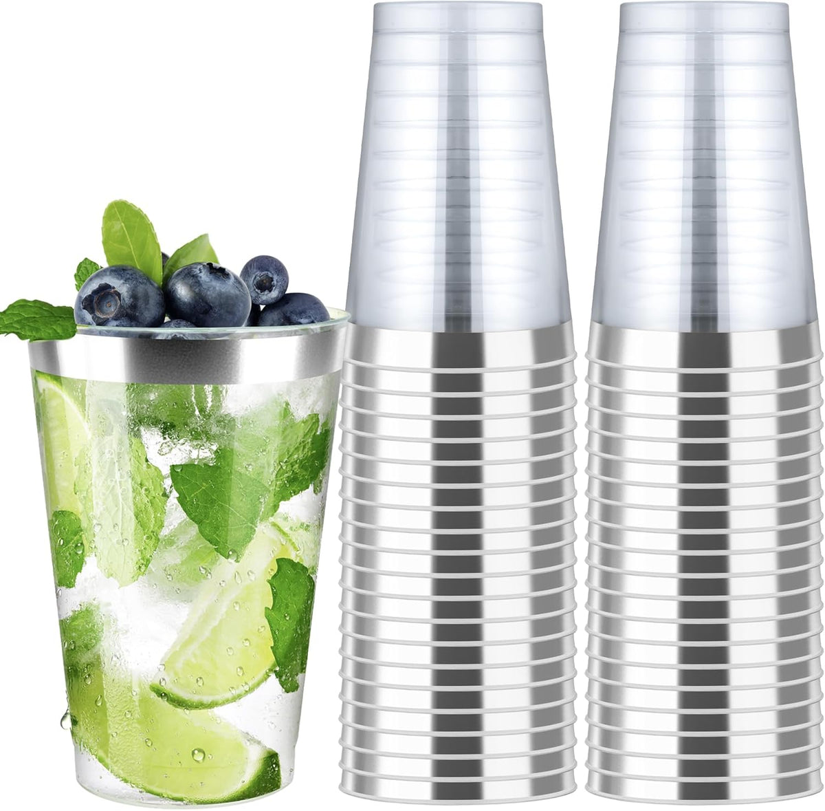 [200 Pack 12oz Clear Plastic Cups with Silver Rimmed Sturdy & Food Safe Disposable Wine Glasses